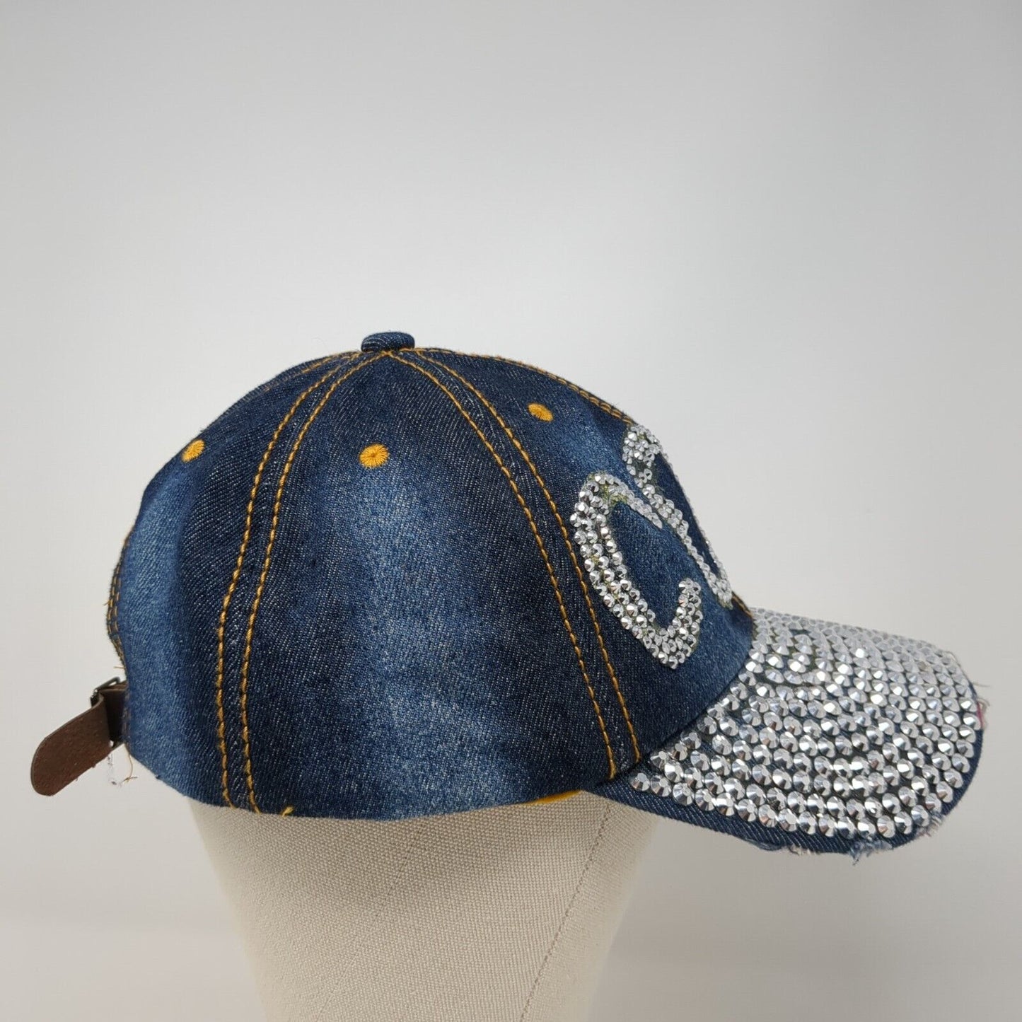 Cool Slideback Hat Blue One Size Adjustable Distressed Denim Rhinestone Bling