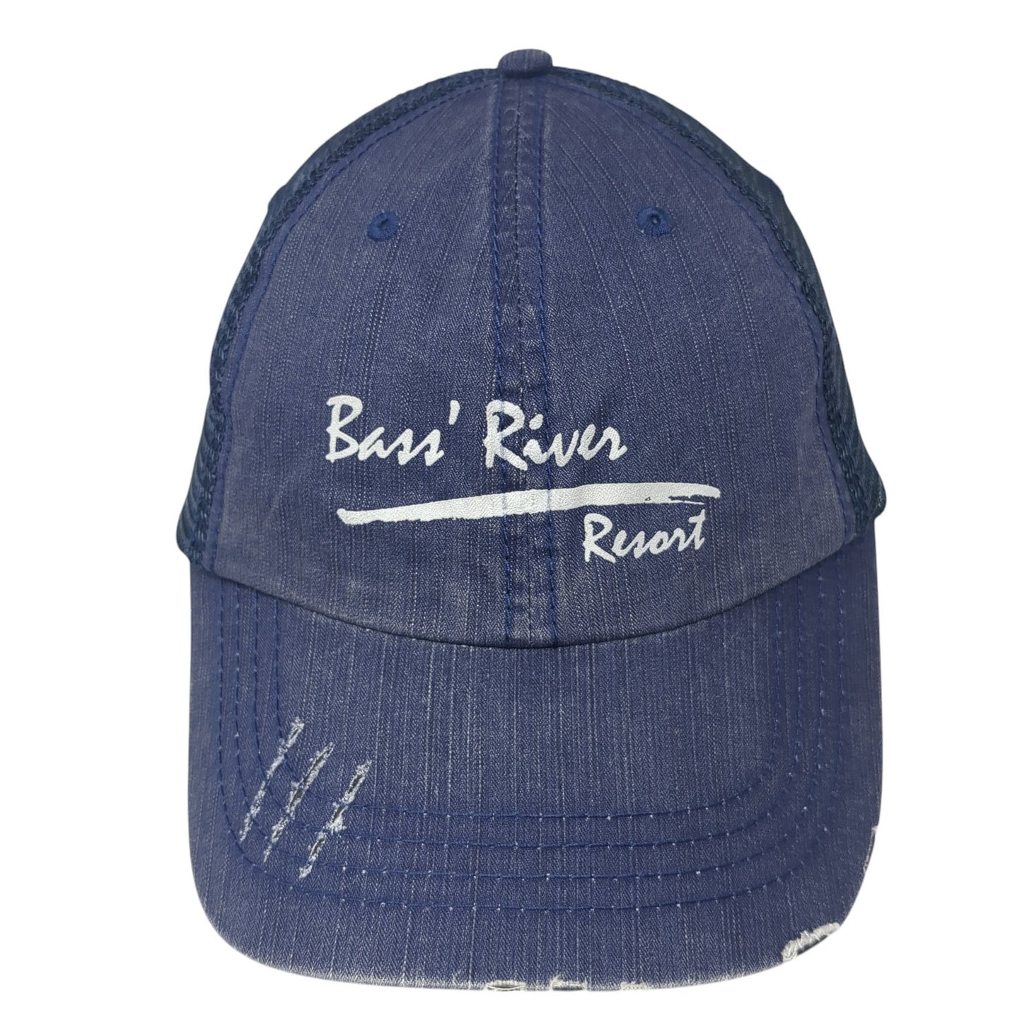Bass' River Resort Trucker Hat Blue One Size Adjustable Distressed Mesh Back
