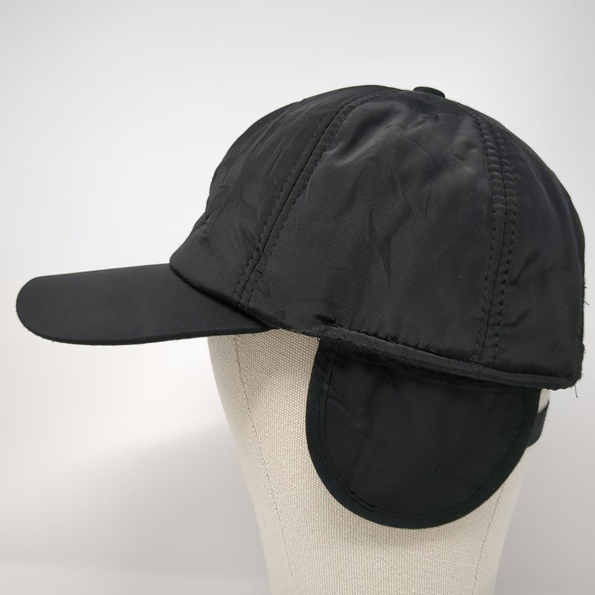 Black One Size Baseball Cap Ear Flaps Fleece Lined Quilted Nylon Slideback Hat