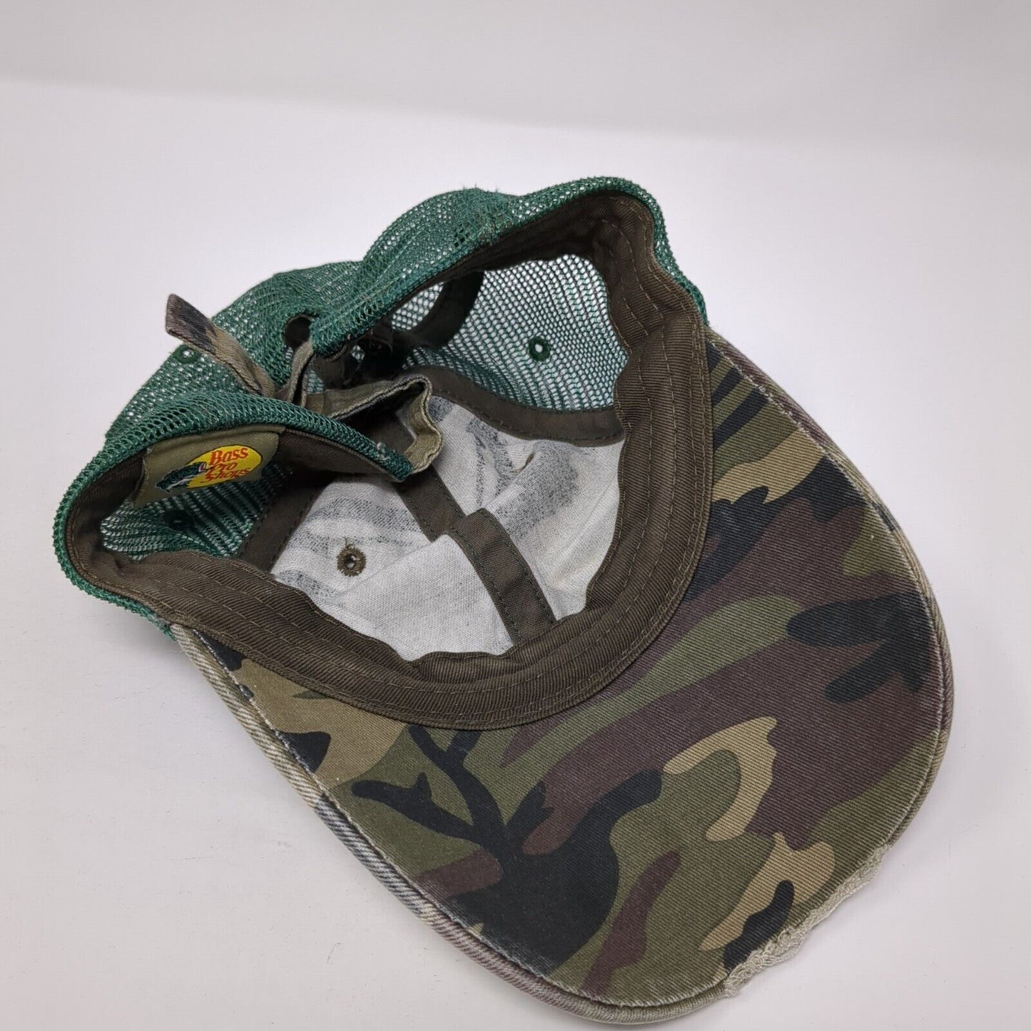 Bass Pros Shops Slideback Trucker Hat Camo OS Adjustable Distressed Mesh Back