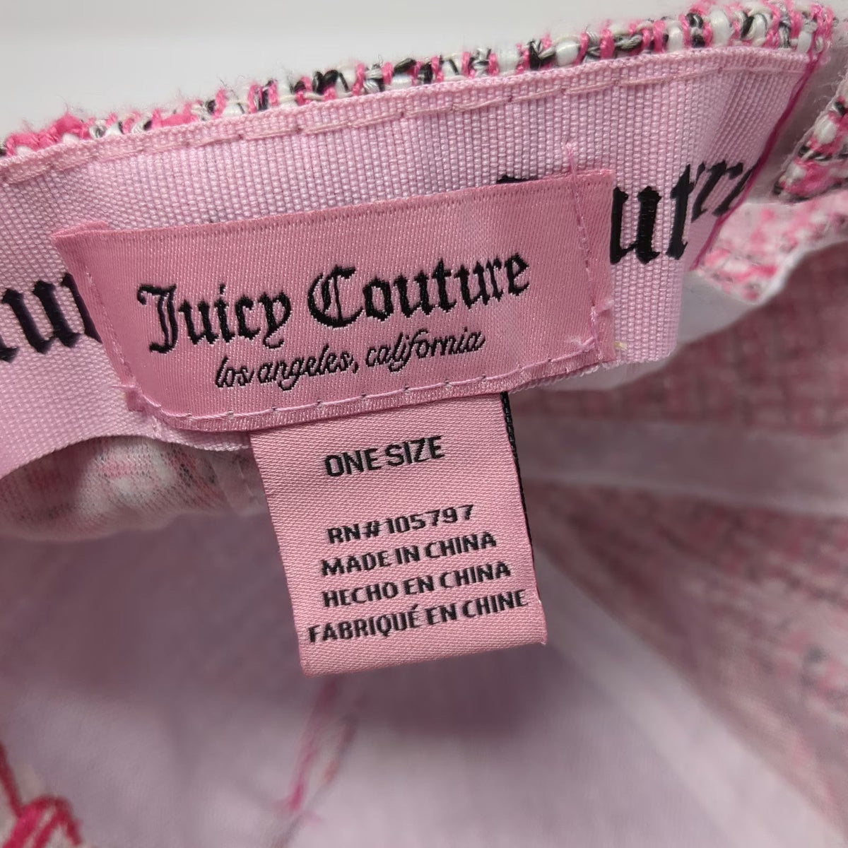 Juicy Couture 5 Panel Pink One Size Tweed Embroidered Logo Woven Strapback Hat