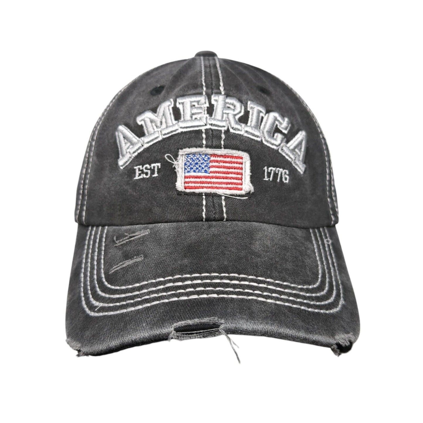 America Est 1776 Slideback Hat Gray One Size Adjustable Patriotic Distressed