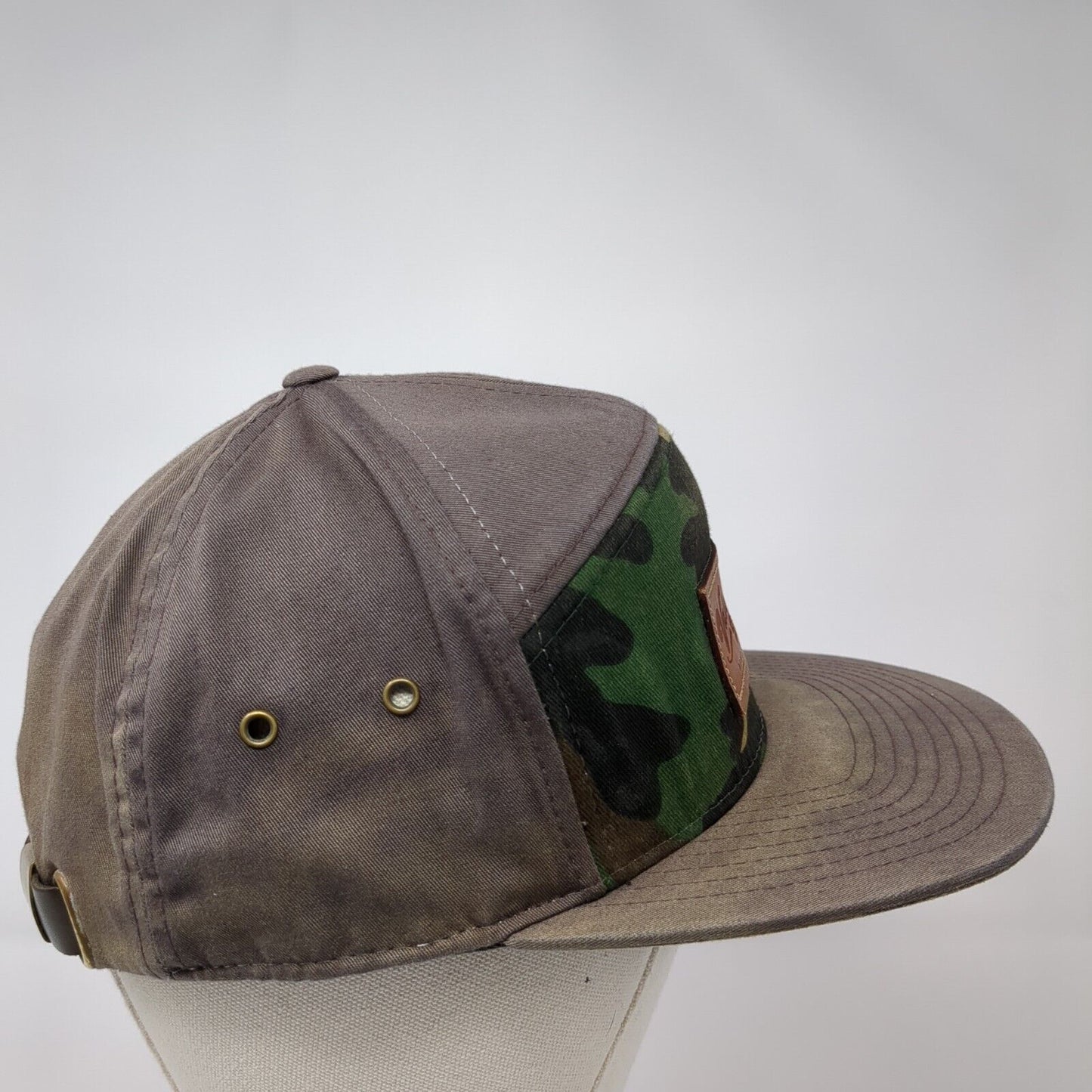Valentine's Deli Slideback Hat Gray One Size Leather Strap Camo Trim
