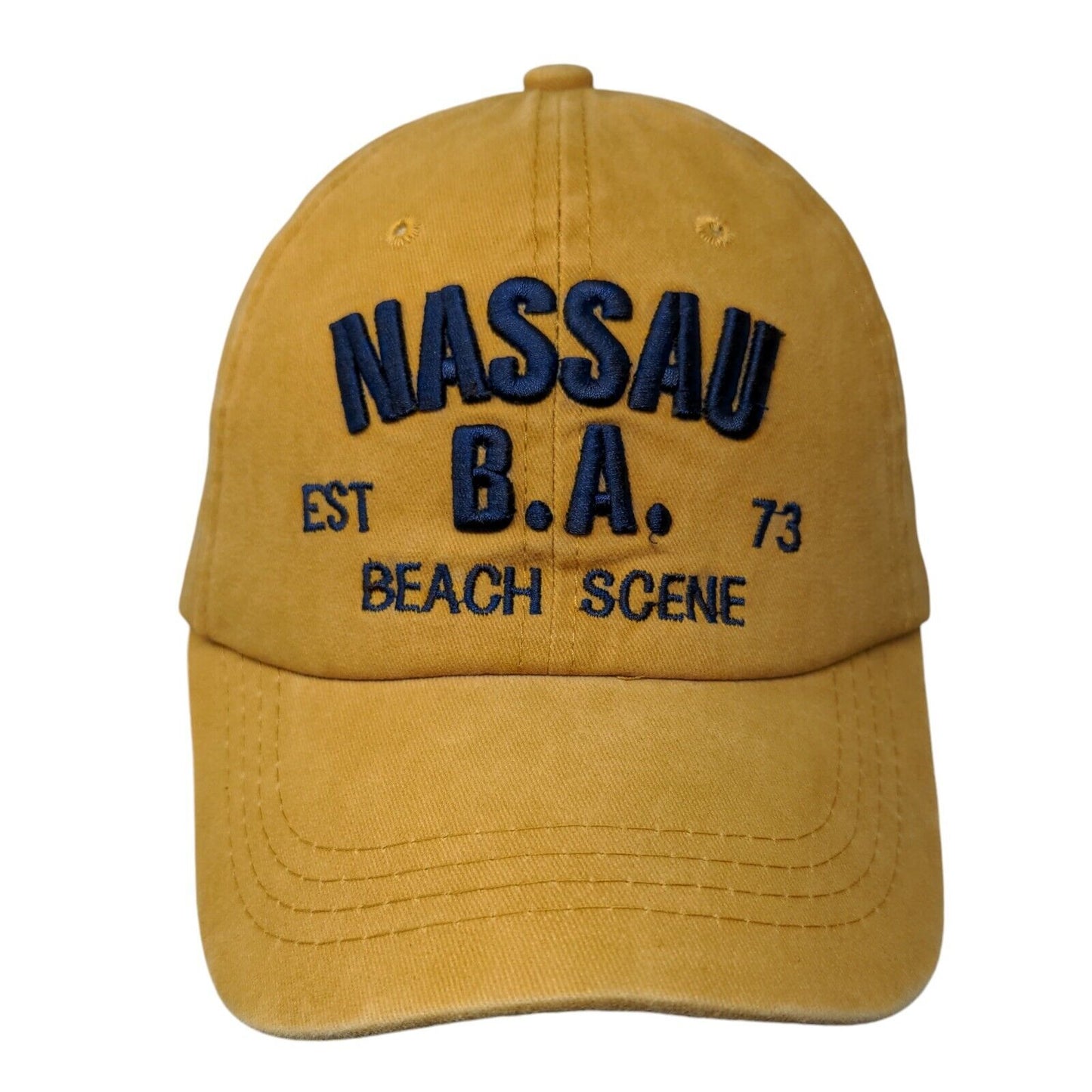 Nassau B.A. Beach Scene Est 73 Slideback Hat Yellowish-Tan One Size Adjustable