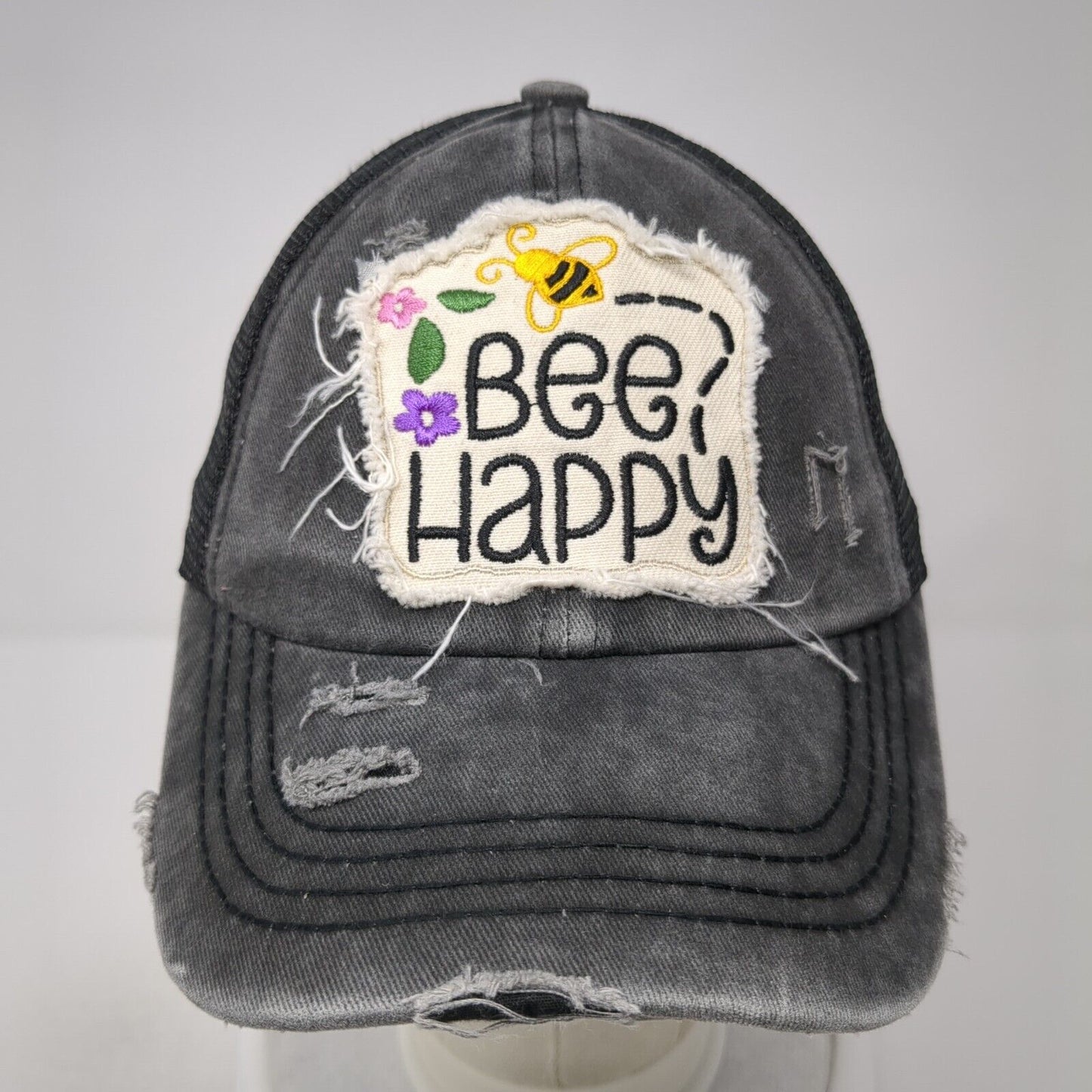Bee Happy Strapback Trucker Hat Gray One Size Ponytail C.C Exclusives