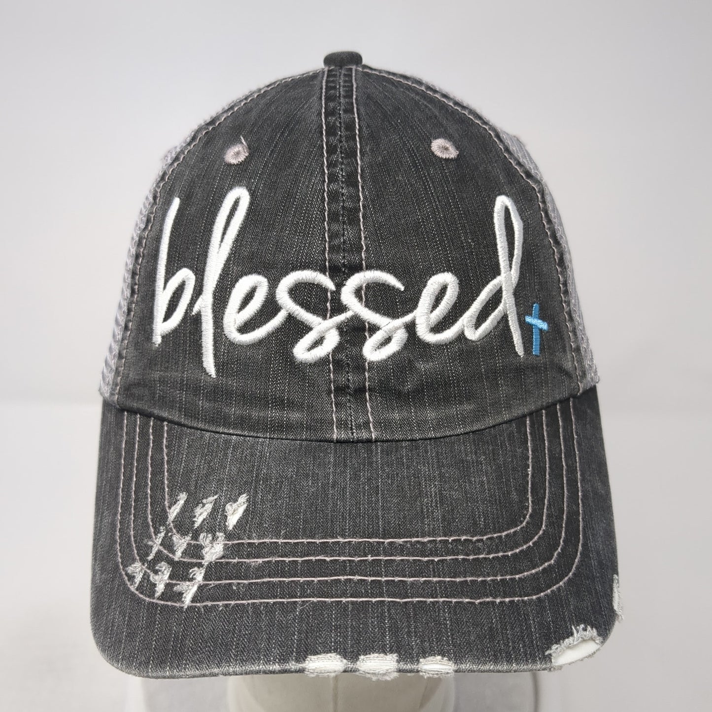 Blessed Strapback Baseball Cap Gray One Size Adjustable Mesh Back Distressed