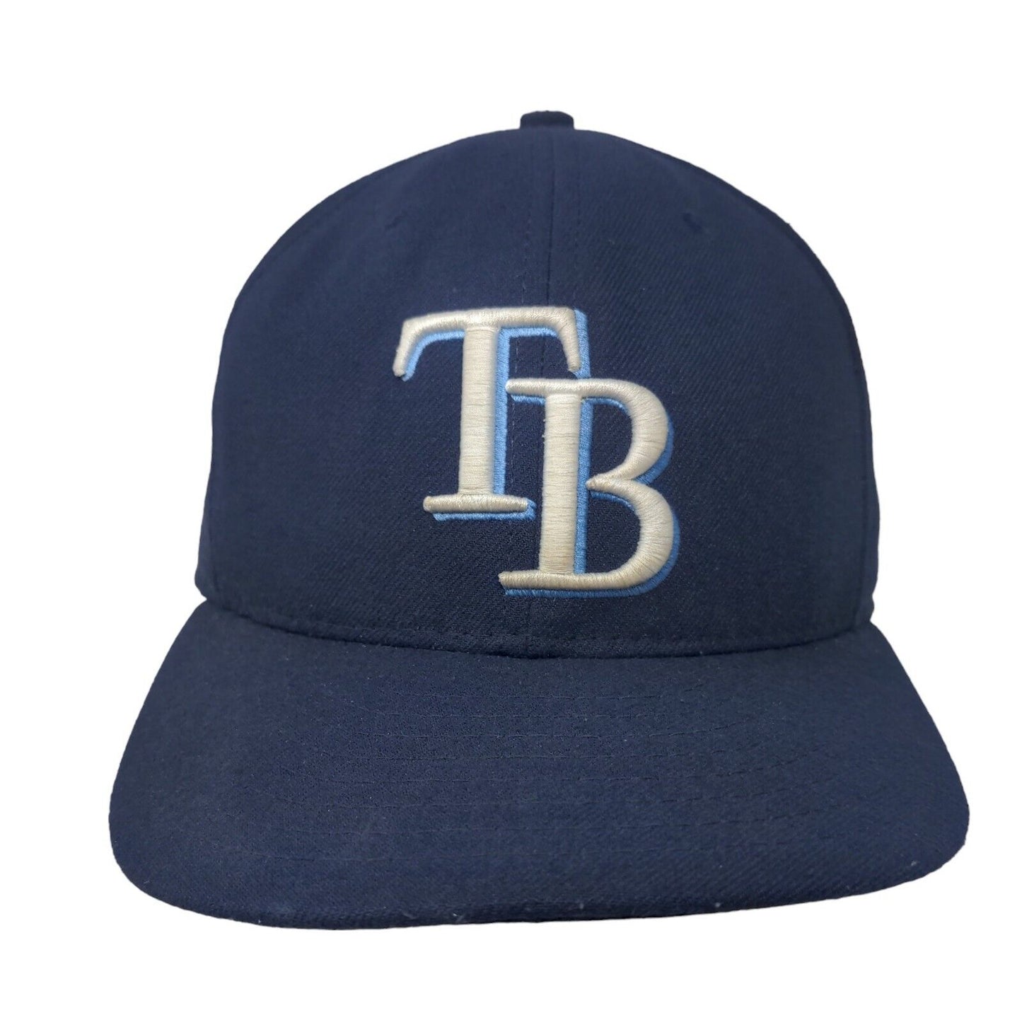 New Era Men's Fitted Hat Blue 7 3/8 Tampa Bay Rays Logo 59Fifty Made in USA