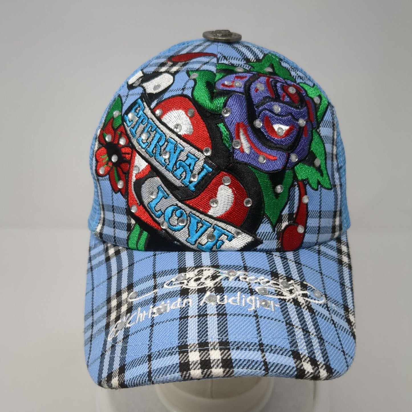 Ed Hardy Christian Audigier Snapback Mesh Back Hat Rhinestones Embroidered Love