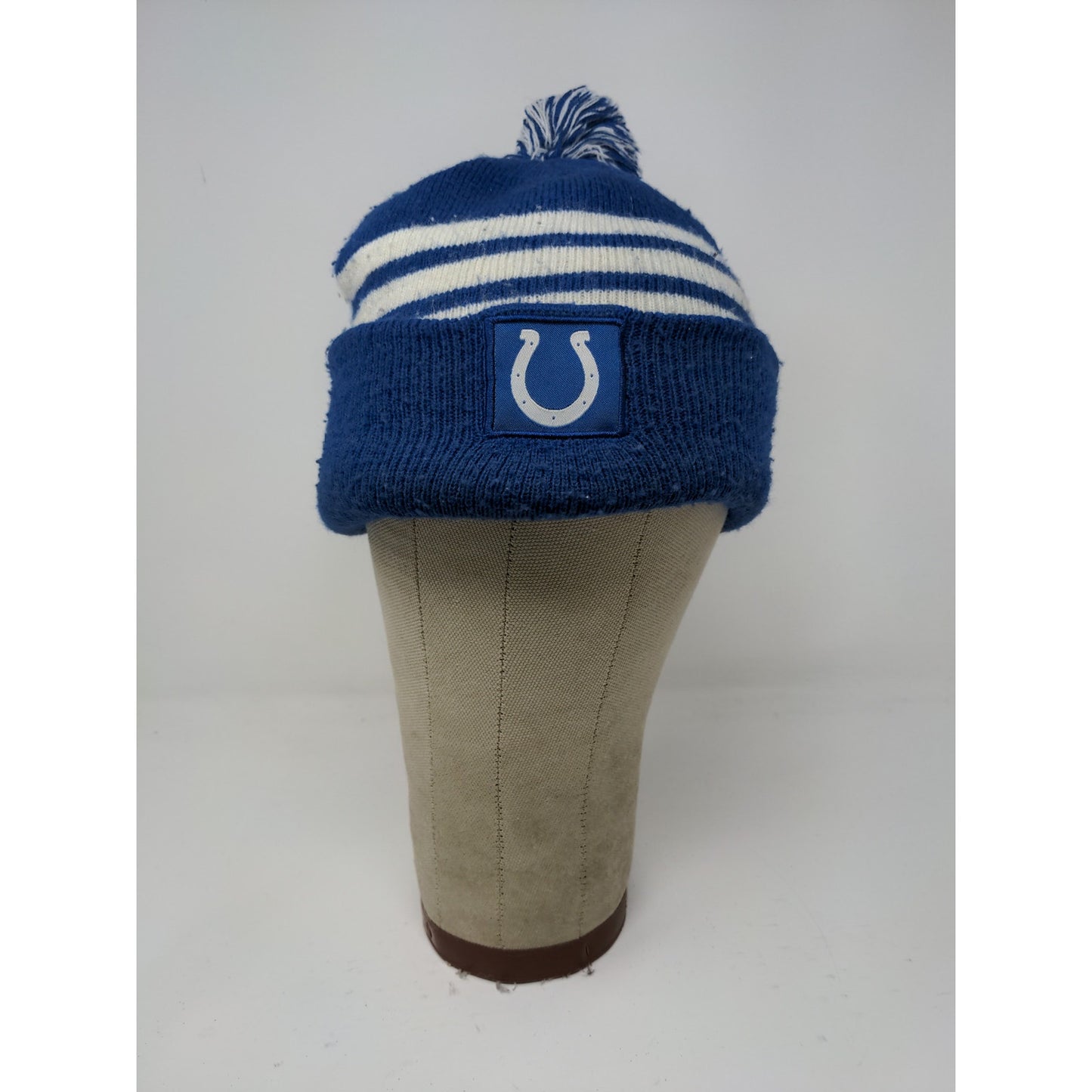NFL Football Indianapolis Colts Beanie Hat Blue White Striped Pom Pom Patch Logo