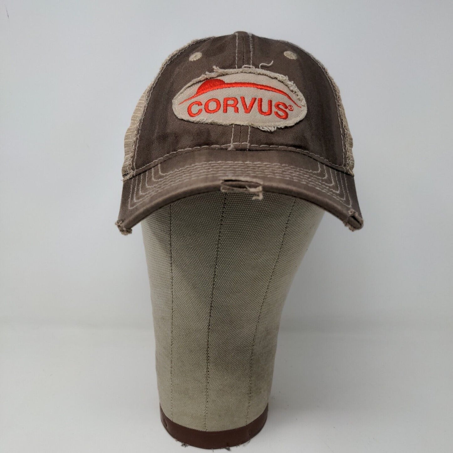 Corvus Bayer Strapback Hat Brown OSFA Farmer Embroidered Logo Distressed