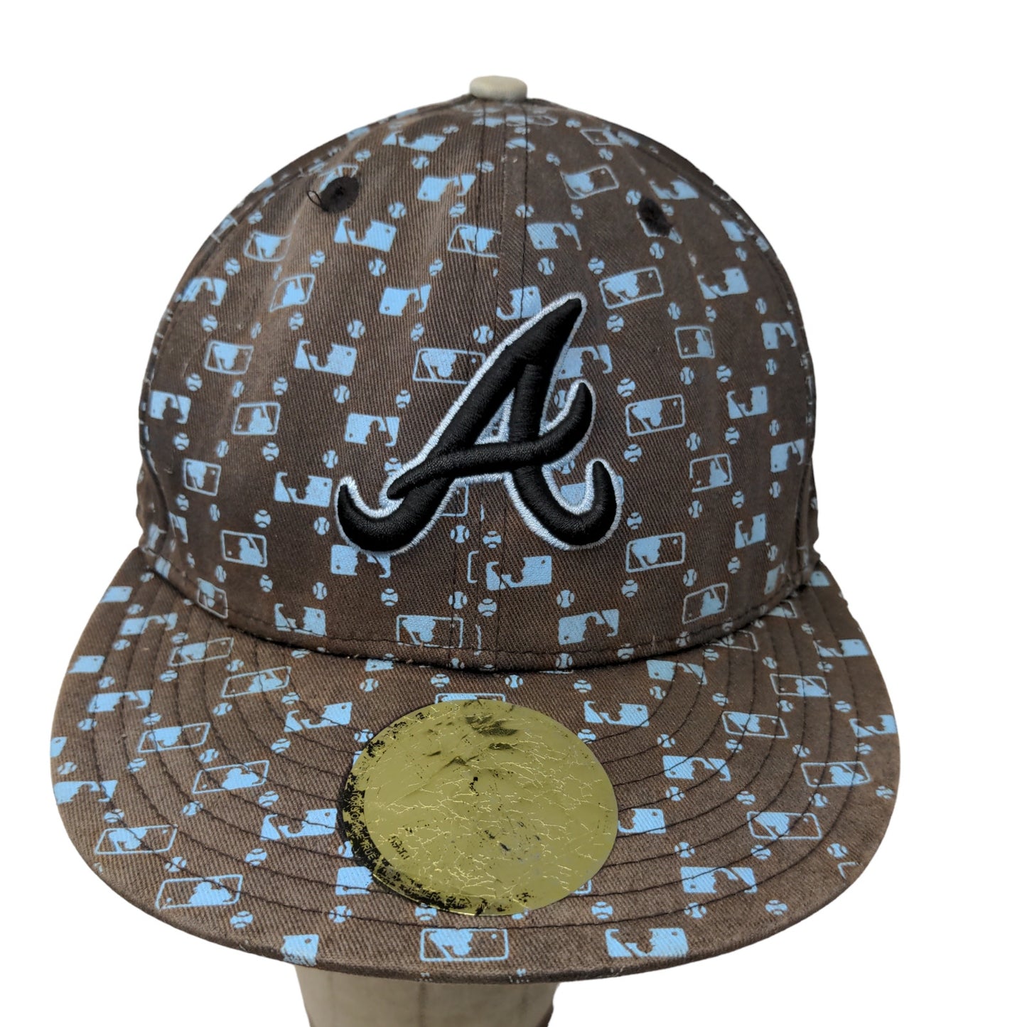 New Era 59Fifty Atlanta Braves Fitted Hat Brown Size 7 3/8 All Over Print Logo