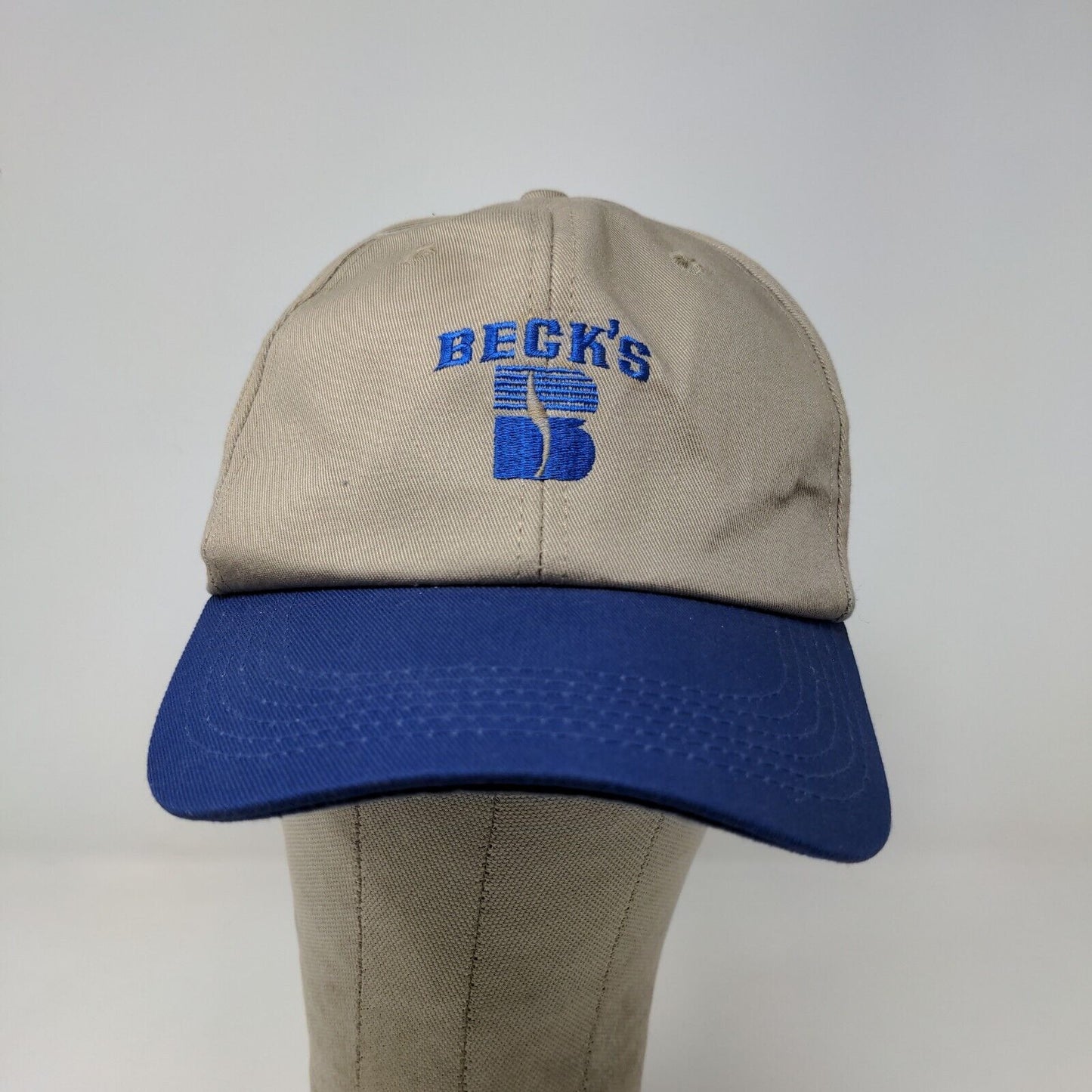 Beck's Seeds Men's Snapback Hat Tan Blue Adjustable Embroidered Logo