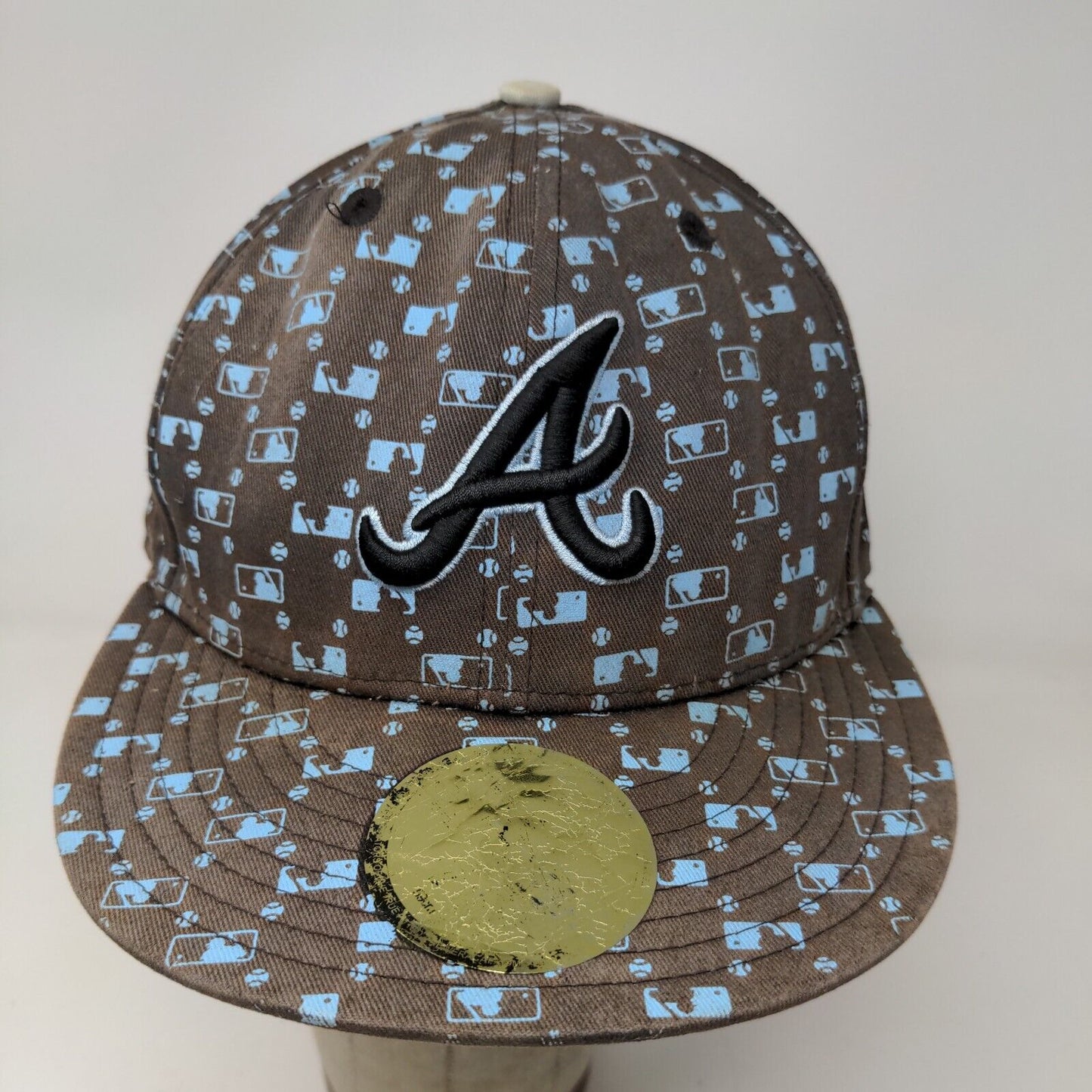 New Era 59Fifty Atlanta Braves Fitted Hat Brown Size 7 3/8 All Over Print Logo