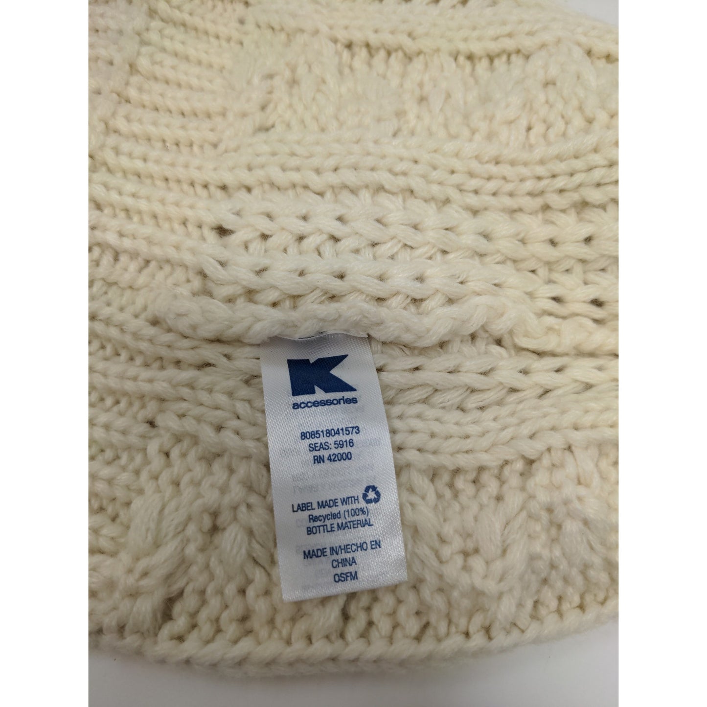 K Accessories Cable Knit Beanie Hat 100% Recycle Material Cream