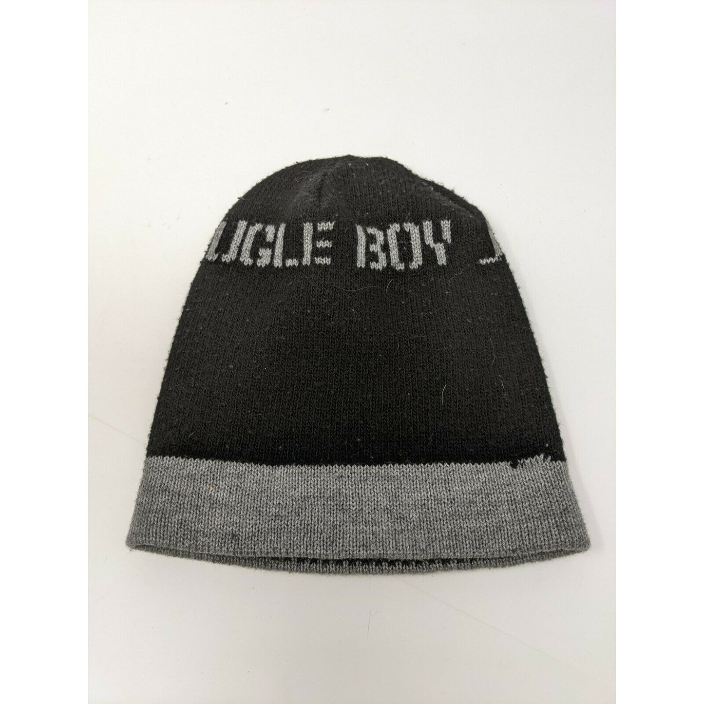 Bugle Boy Beanie Cap Hat Diamond Spell Out Black & Gray Fair Isle Pattern