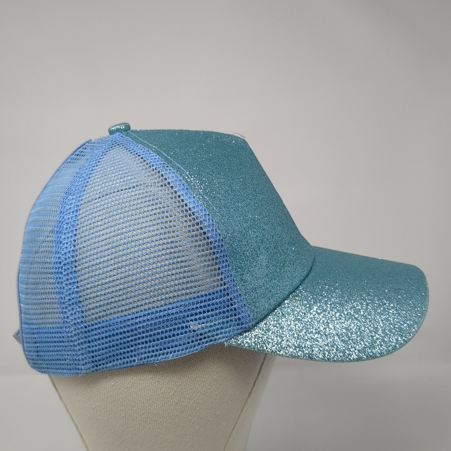 Glitter Ponytail Trucker Hat Blue One Size Adjustable Mesh Back Blank
