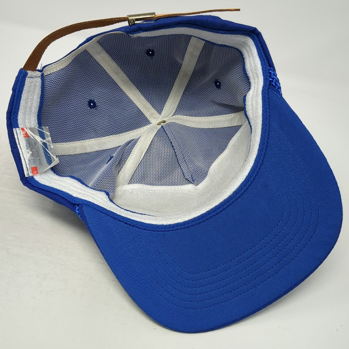 San Sun 5 Panel Hat Blue OS Ford Ogallala Motors Rope Leather Strapback Vintage