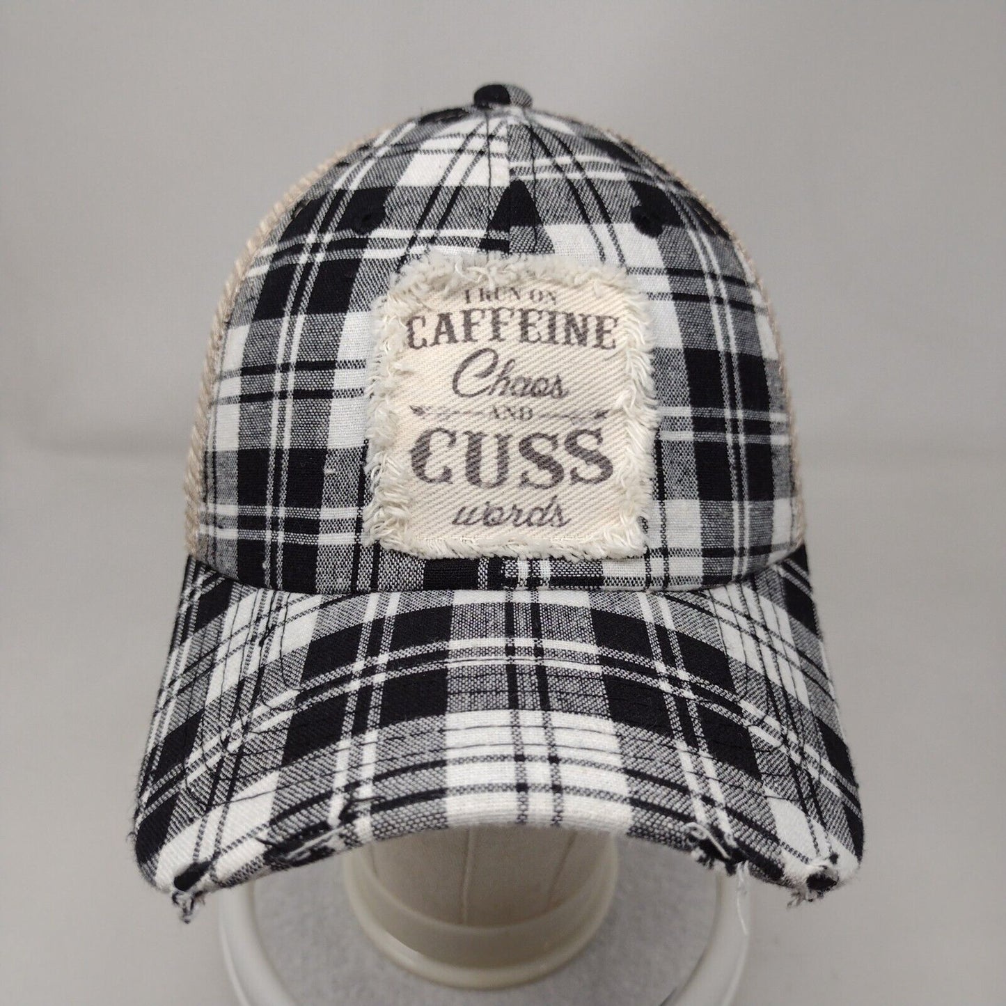 I Run On Caffeine Chaos And Cuss Words Trucker Hat Multi One Size Plaid