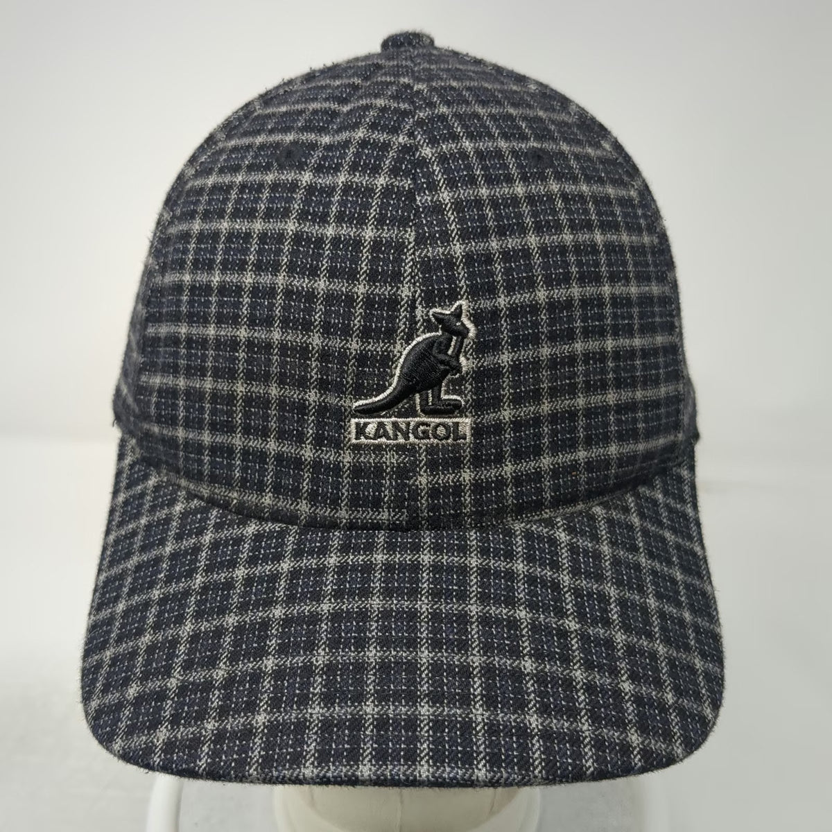 Kangol Baseball Cap Blue Gray White XL Flexfit Mini Plaid Kangaroo Logo Hat