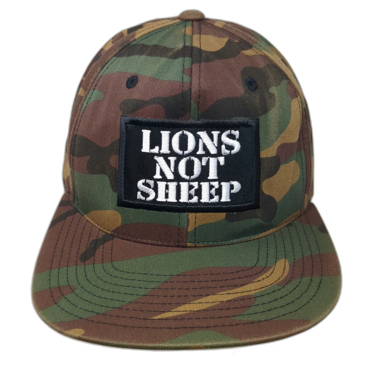 Yupoong Snapback Green OSFM Lions Not Sheep Woodland Camo Flat Brim Patch Hat