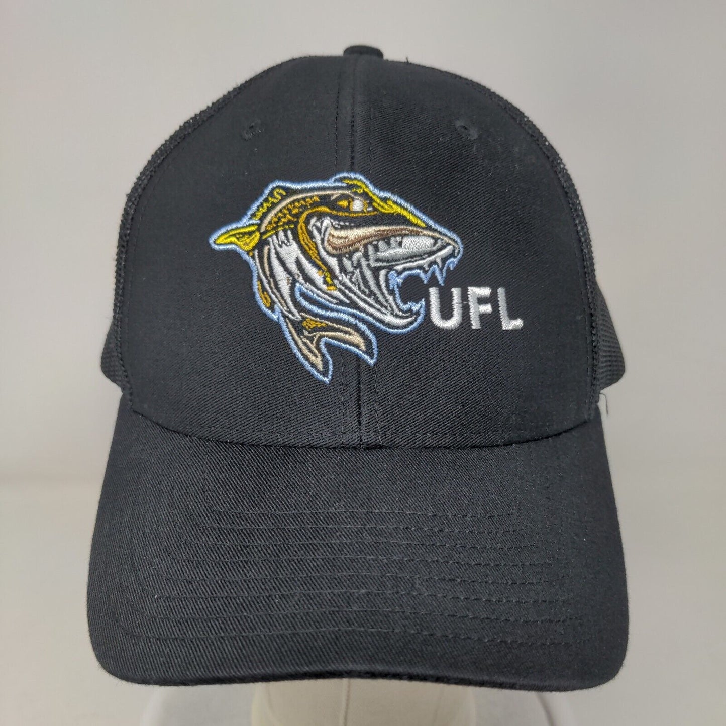 UFL Snapback Mesh Back Trucker Hat Black Adjustable Embroidered Fish Logo