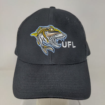 UFL Snapback Mesh Back Trucker Hat Black Adjustable Embroidered Fish Logo