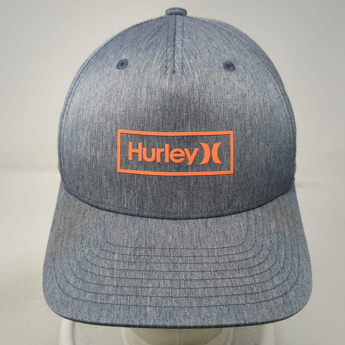Hurley 5 Panel Blue Hat M Flexfit H2O-DRI Heathered Curved Brim Orange Logo