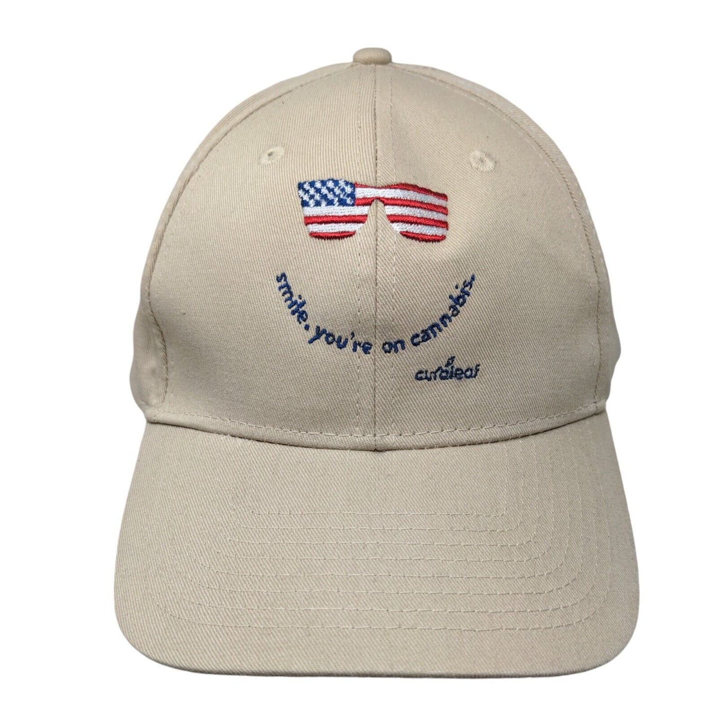 Smile You're On Cannabis Strapback Hat Tan OSFM Embroidered 6 Panel