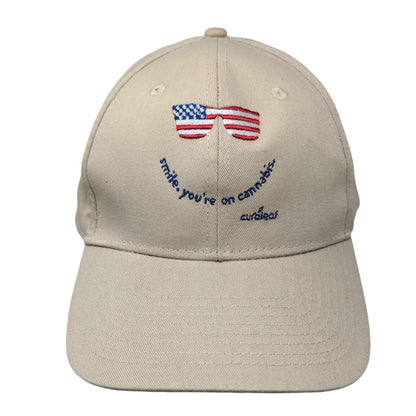 Smile You're On Cannabis Strapback Hat Tan OSFM Embroidered 6 Panel