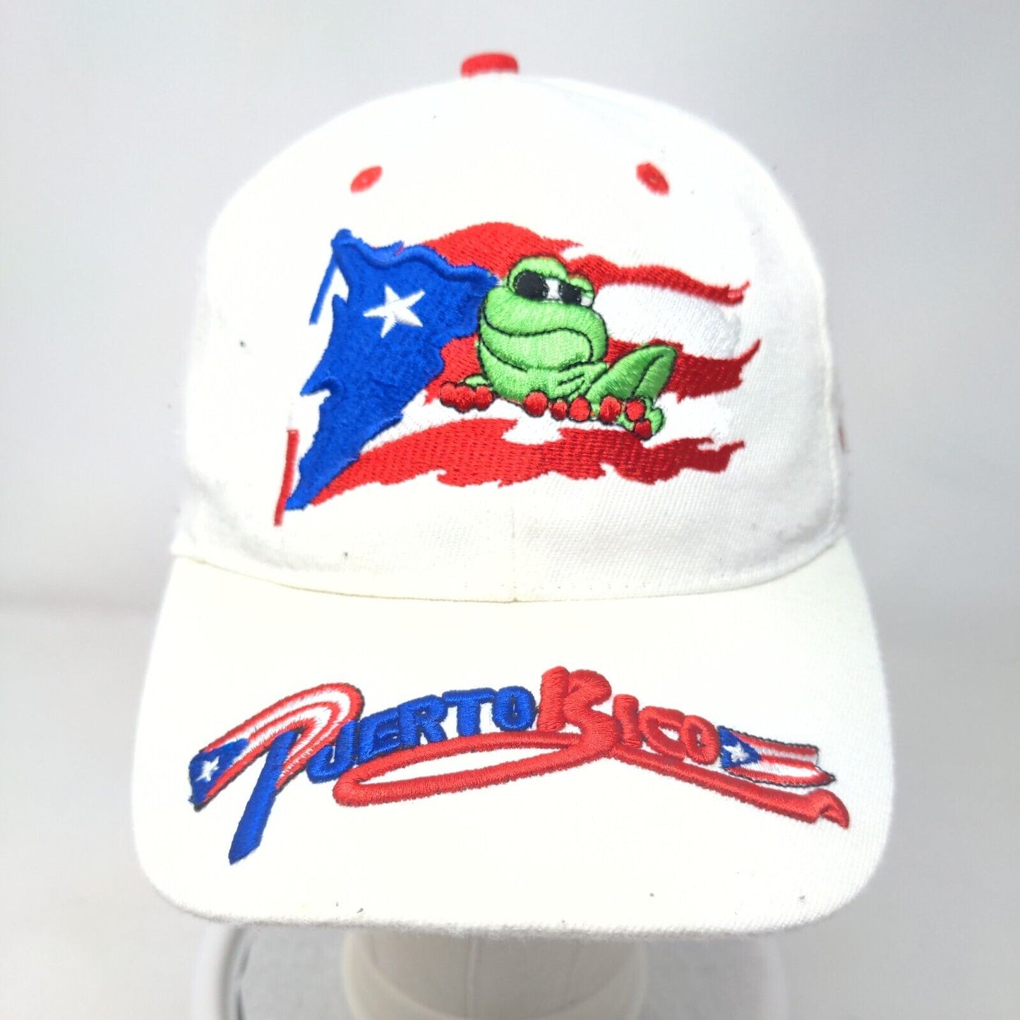 Puerto Rico Flag Frog Strapback Hat White One Size Embroidered