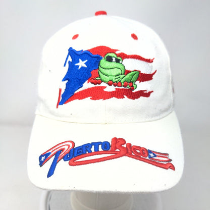 Puerto Rico Flag Frog Strapback Hat White One Size Embroidered