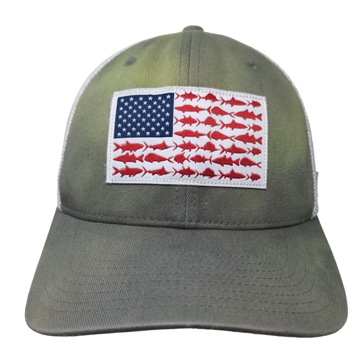 Fish American Flag Fitted Trucker Hat Green S/M Columbia PFG Colorblock
