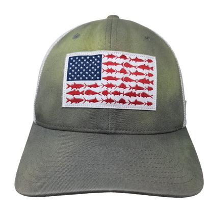 Fish American Flag Fitted Trucker Hat Green S/M Columbia PFG Colorblock