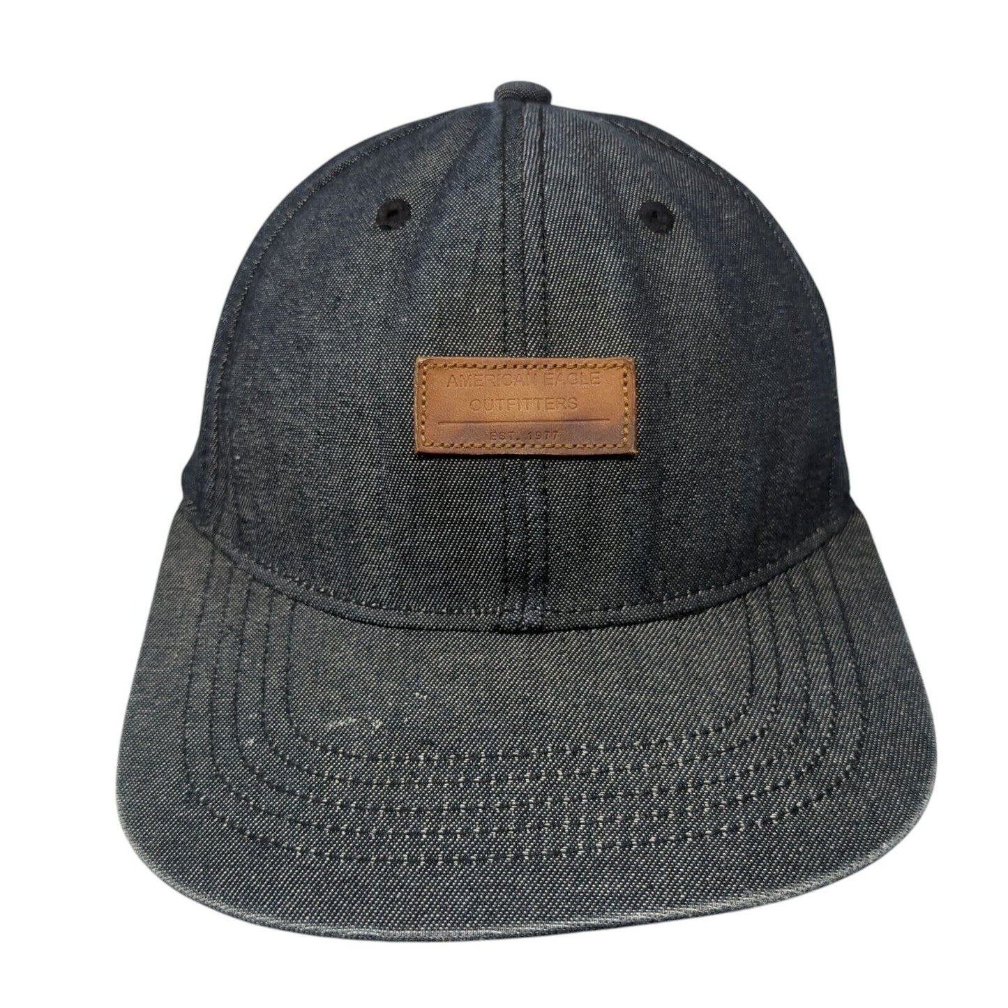 American Eagle Outfitters Snapback Hat Black OS Adjustable Leather Patch 6 Panel