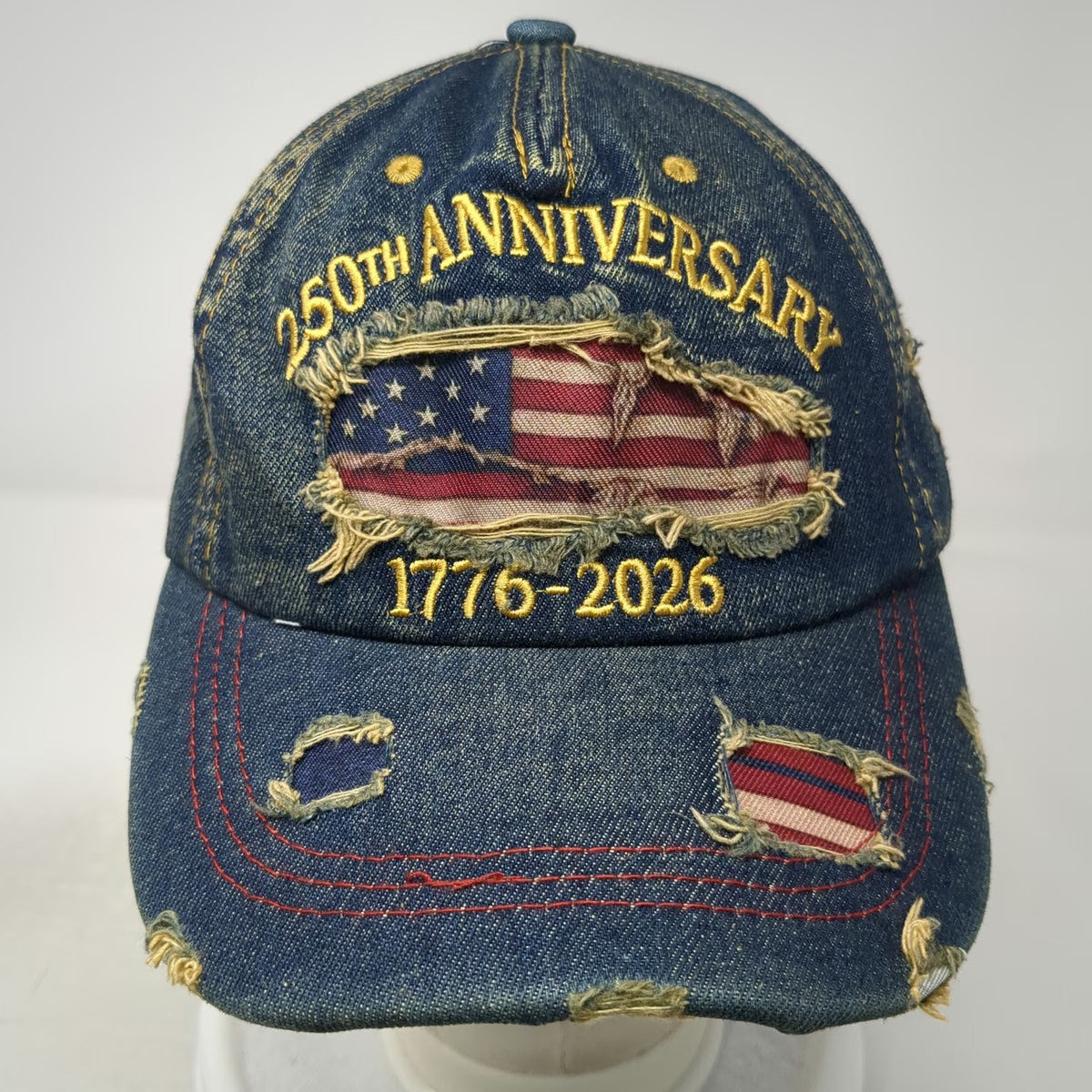 Blue 5 Panel One Size American Flag 250th Anniversary Frayed Denim USA 1776 Hat