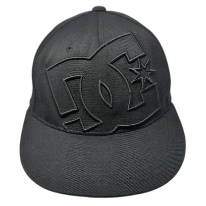 DC Baseball Cap Black 7 1/4 Tonal Logo Embroidery Flat Brim 210 Fitted Hat