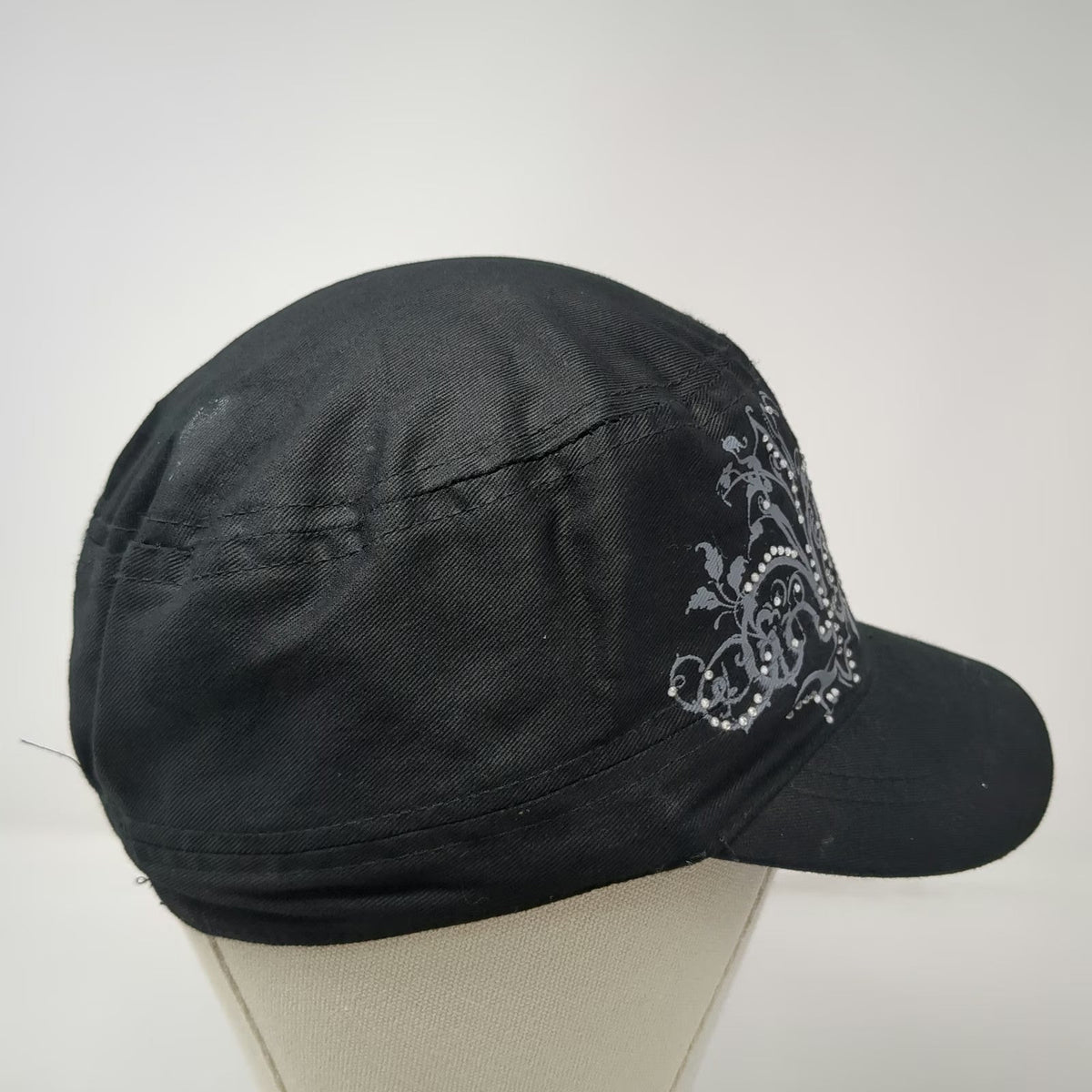 ABG Accessories Army Cap Black One Size Rhinestone Floral Elastic Back Bling Hat