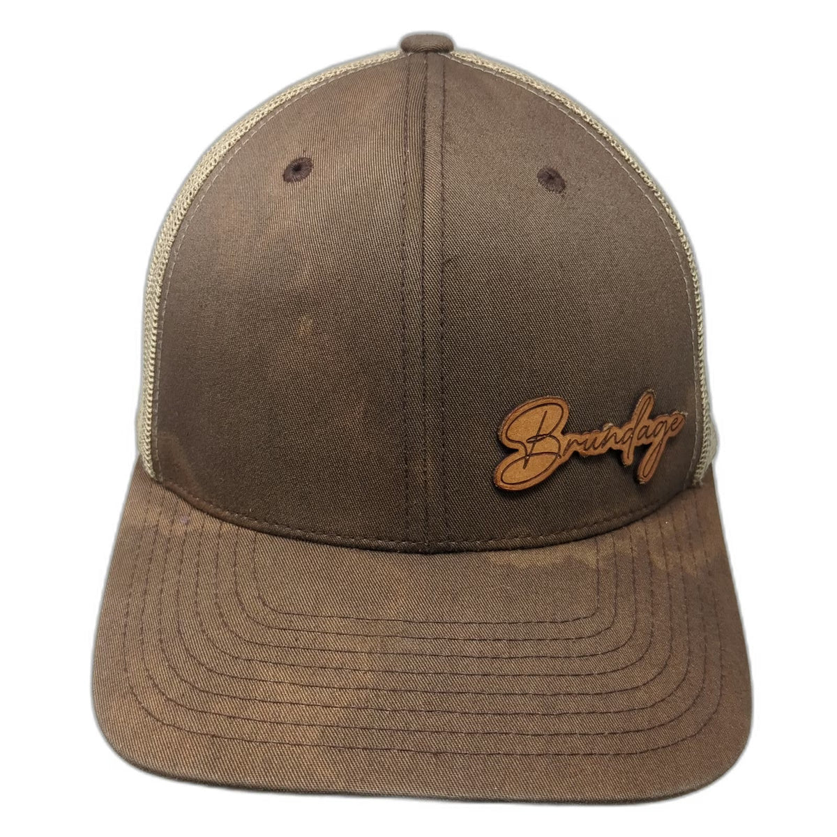 Yupoong Trucker Hat Brown One Size Brundage Leather Patch Mesh Back Snapback