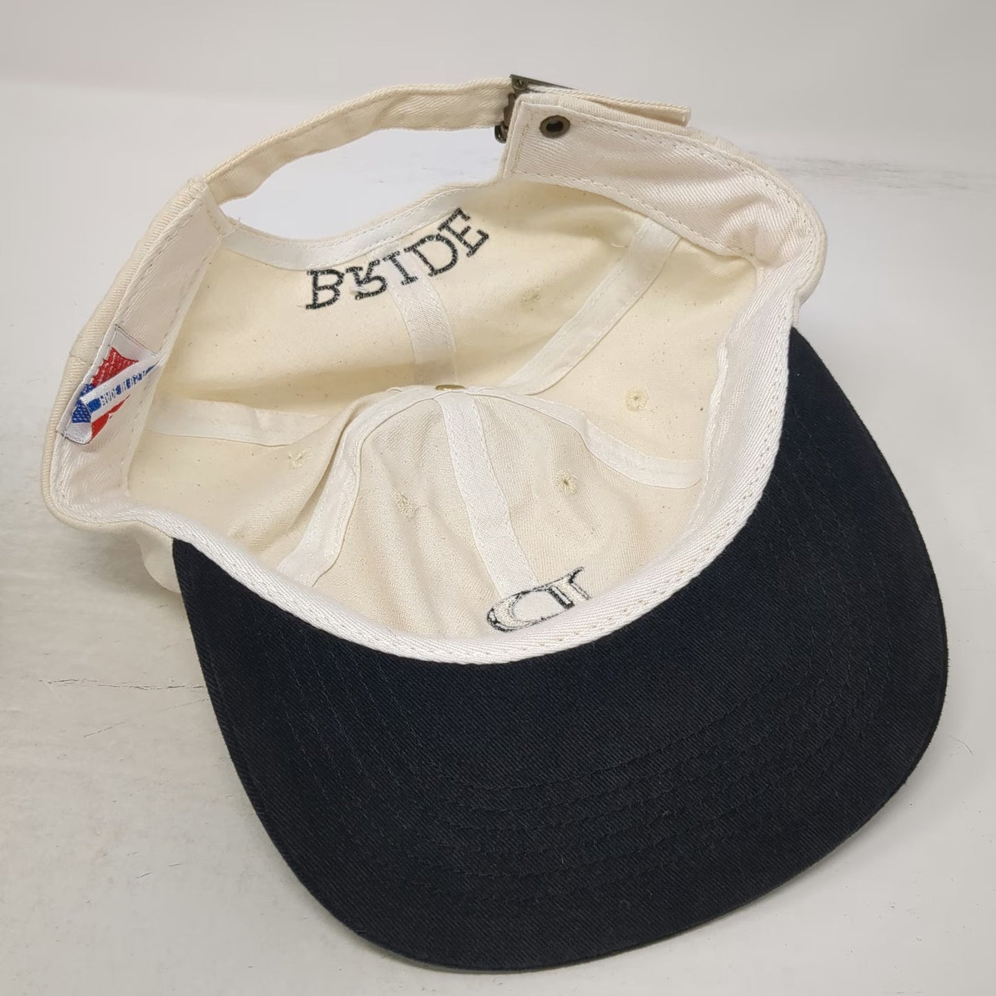 Beige Black Baseball Cap Vintage Embroidered B Bride Made in USA Slideback Hat