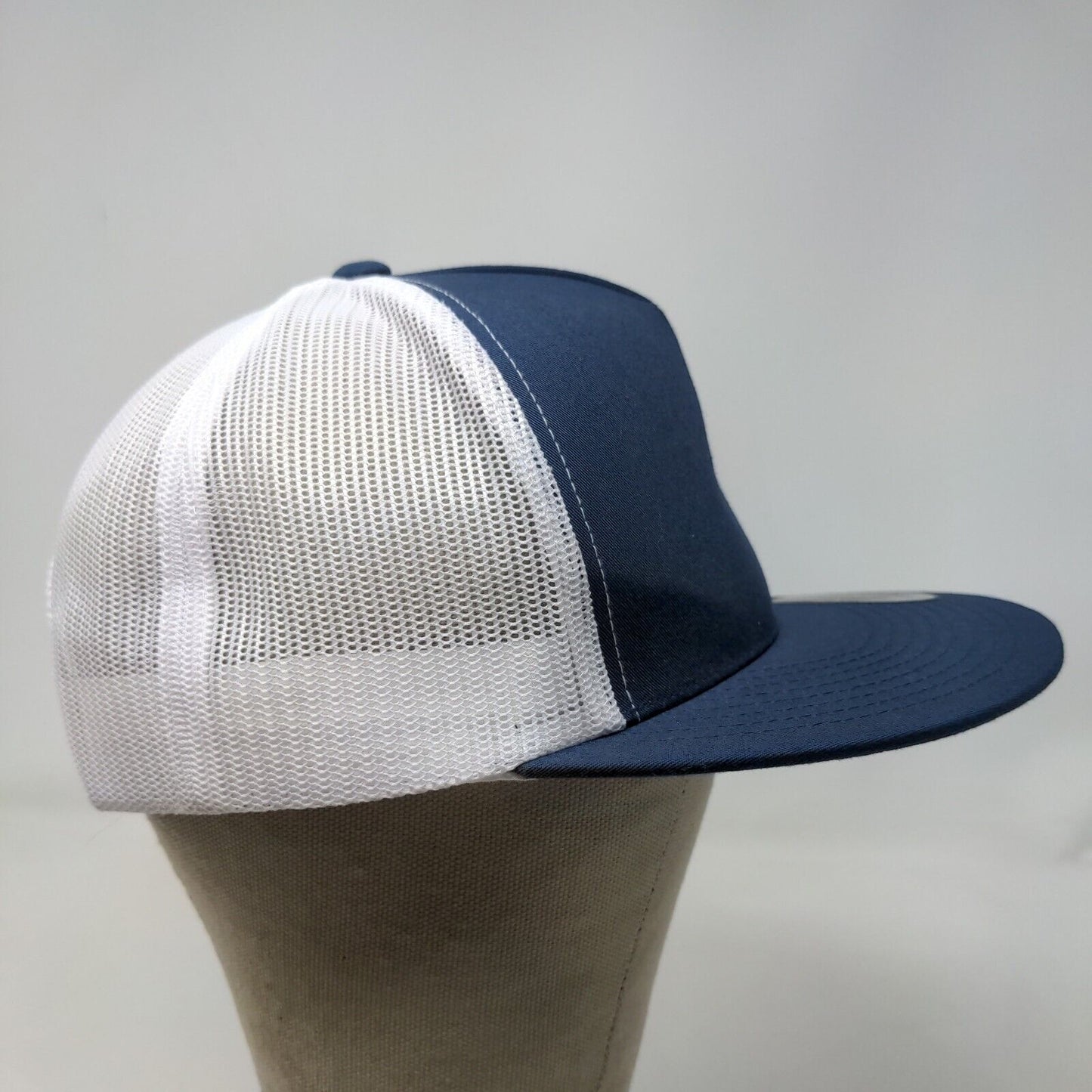 Yupoong Men's Snapback Mesh Back Trucker Hat Blue White Embroidered Fi2 Logo