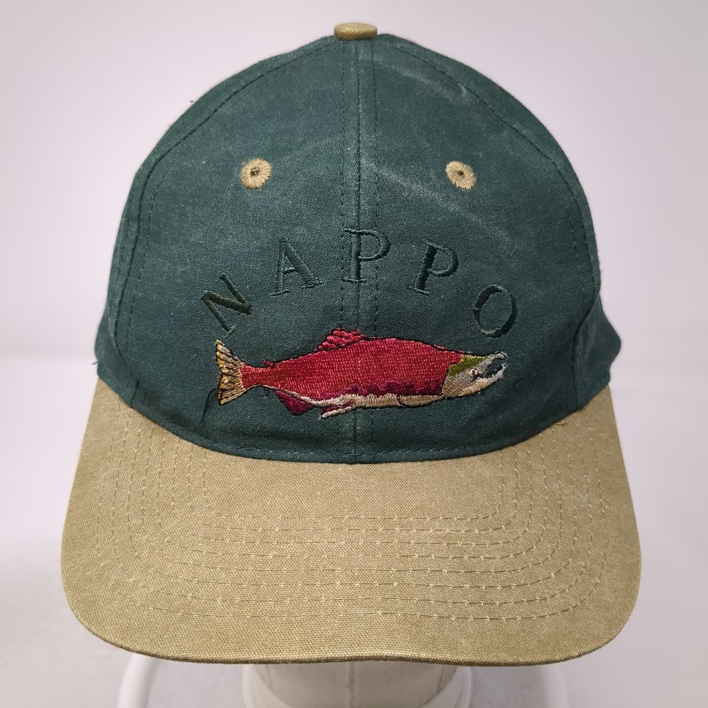 Head To Toe Snapback Green Beige Embroidered Salmon Fish Nappo Hat Vintage