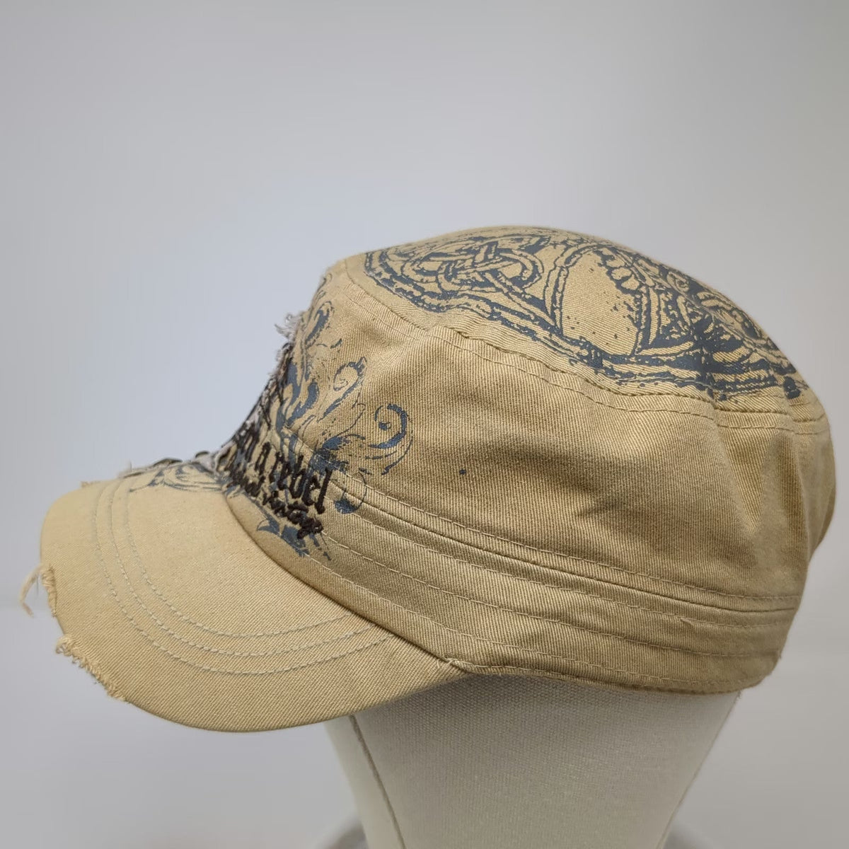 Leader Army Cap Beige One Size Skull Rebel Distressed Studded Ornate Cotton Hat