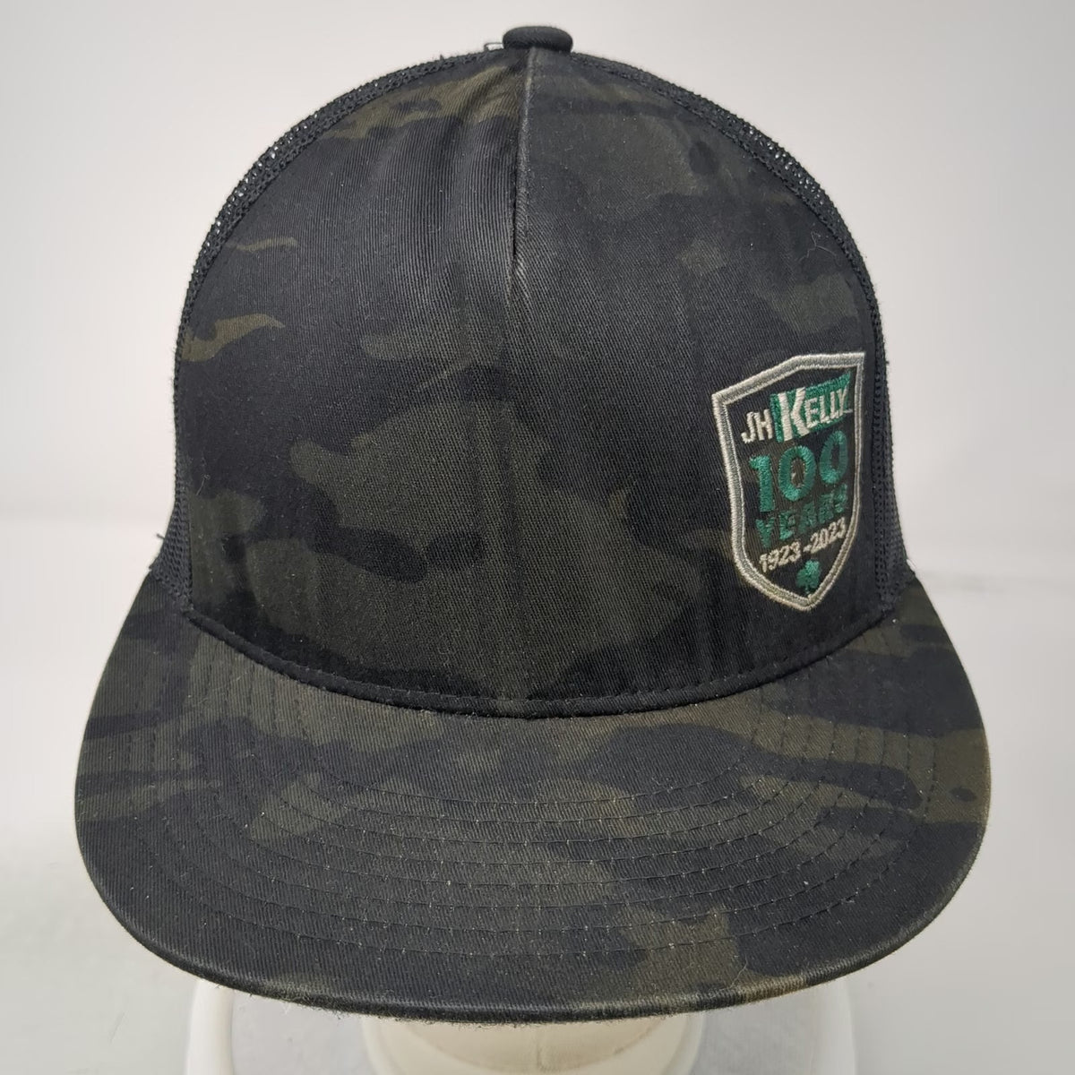Yupoong Trucker Hat Black Camo One Size JH Kelly 100 Years 1923-2023 Mesh