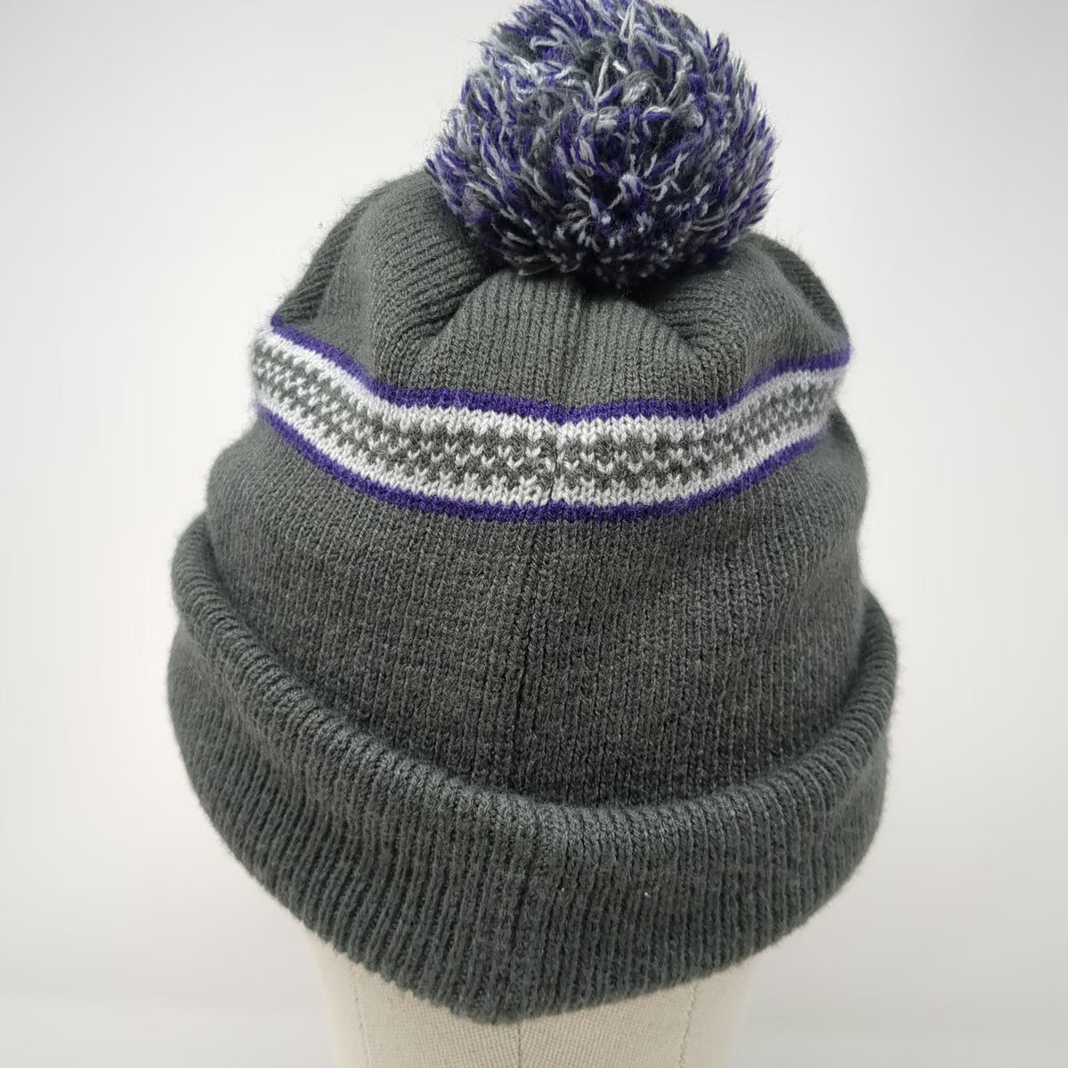 Indie Caps Beanie Gray One Size Pom Pom Fleece Lined M Logo Striped Knit Hat