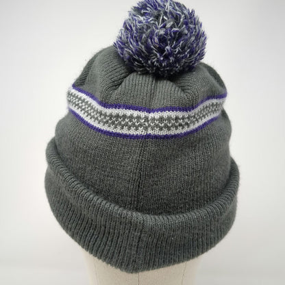 Indie Caps Beanie Gray One Size Pom Pom Fleece Lined M Logo Striped Knit Hat