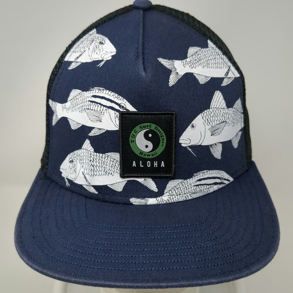T&C Surf Designs Trucker Hat Blue One Size Fish Print Hawaii Aloha Mesh Back