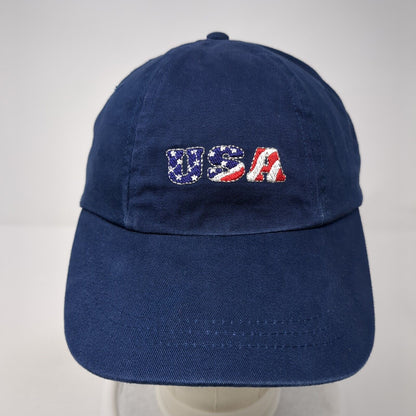 USA Slideback Hat Blue One Size Adjustable Embroidered Patriotic 6 Panel Cotton