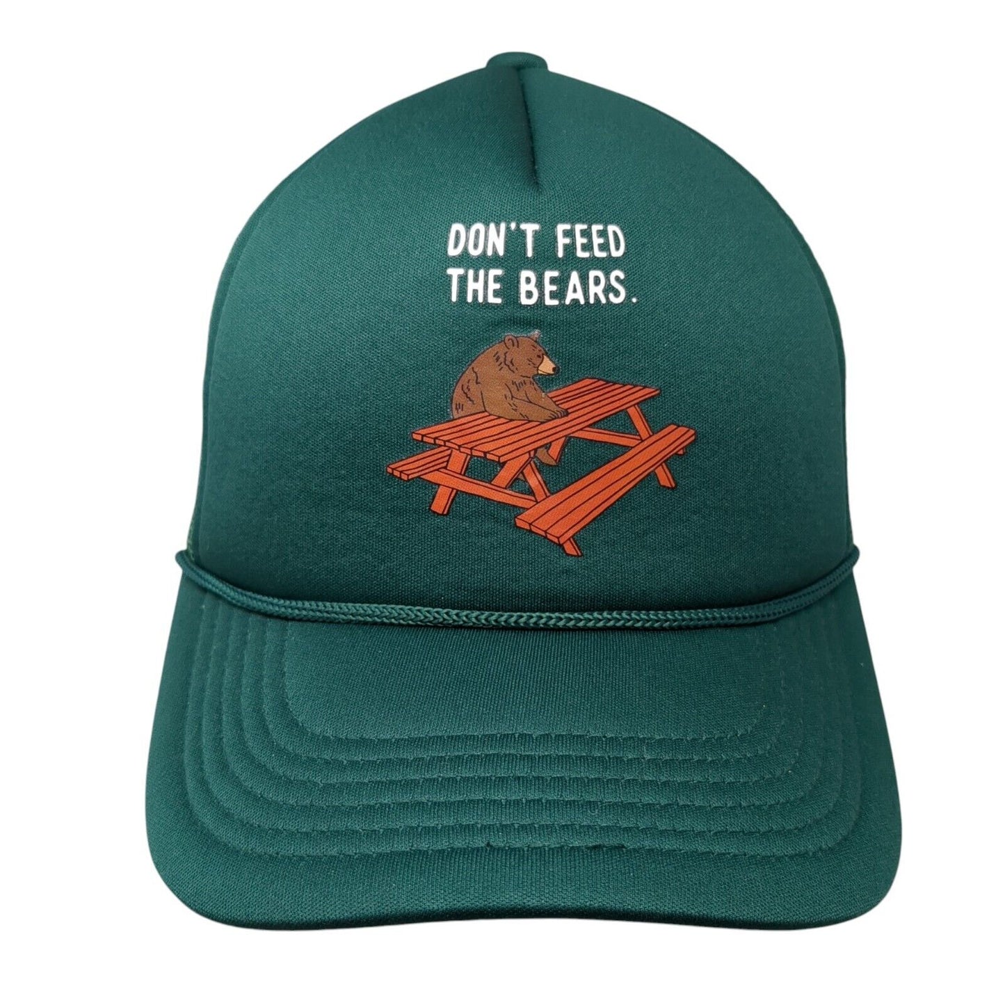 Don't Feed The Bears Snapback Rope Trucker Hat Green One Size Mesh Back
