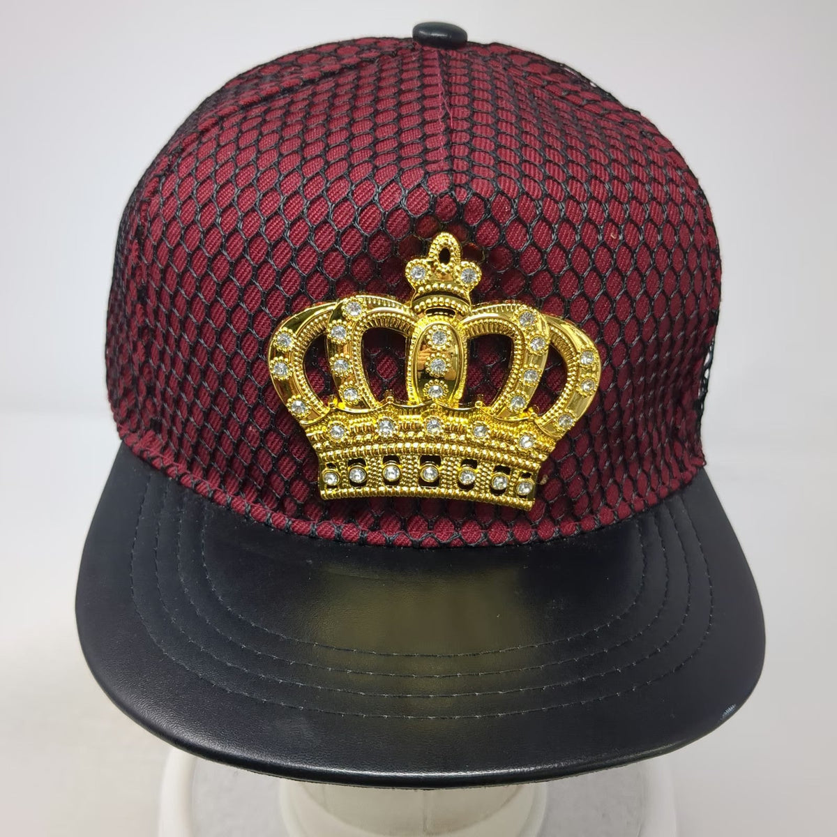 5 Panel Red Black Gold Hat One Size Rhinestone Crown Faux Leather Brim Snapback