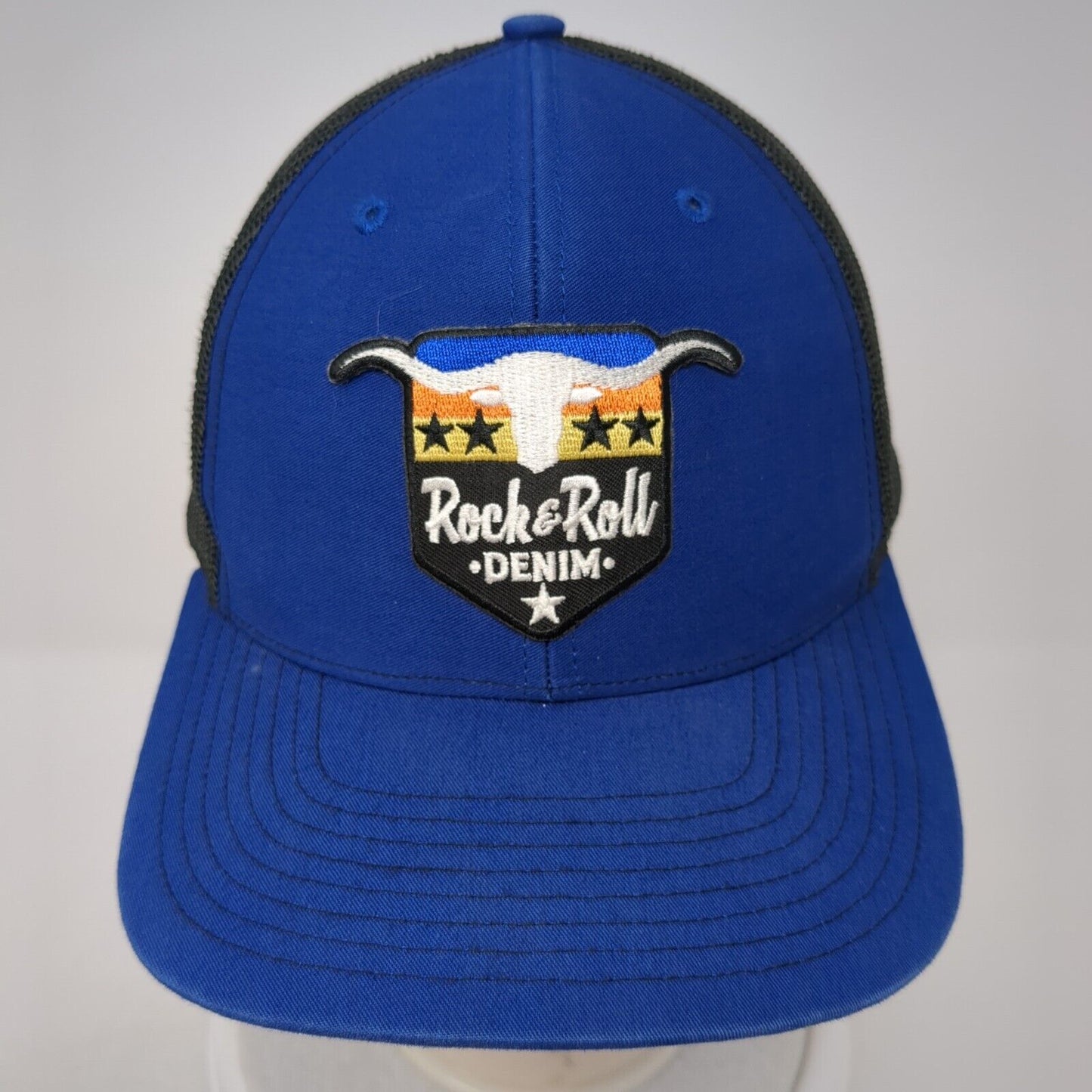 Rock & Roll Denim Patch Snapback Trucker Hat Blue One Size Mesh Back